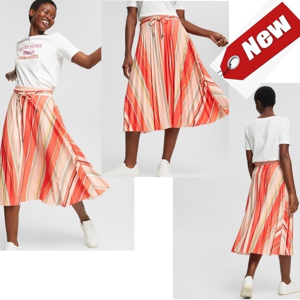 ESPRIT PINK PEACK STRIPED COLOUR BLOCK PLEATED SKIRT Sz M NWT